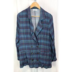FLYNN SKYE Size S Plaid Double Breasted Boyfriend Blazer Lightweight Blue Multi